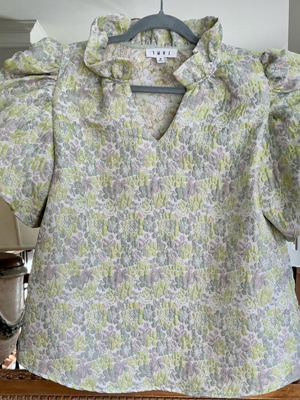 THML Pastel Floral Puff Sleeve Blouse in Light Green, Pink & Cream
